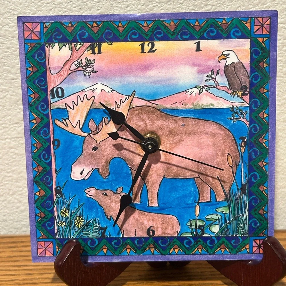 Colorful Moose and Eagle Wall Clock